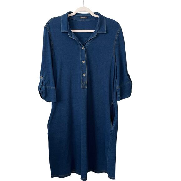 J. McLaughlin Chambray Dress Sz L Denim Pockets Cotton Stretch Half Button Blue - Picture 1 of 10